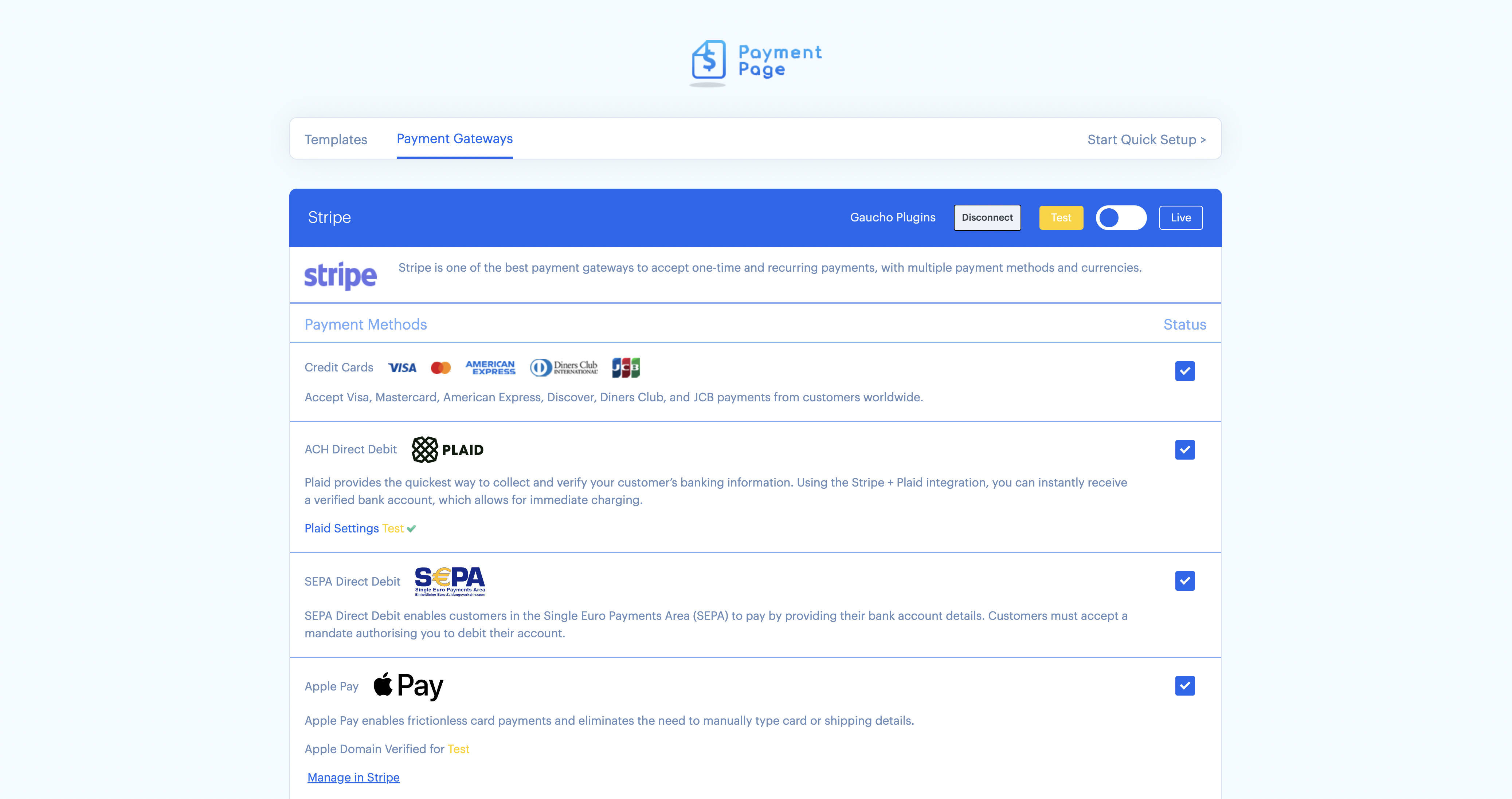 Connect Stripe Payments Page